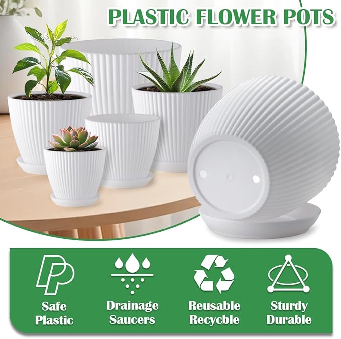 7.5/6.5/5.5/4.9/4.2/3.5 Inch Plant Pots with Drainage Holes and Saucer, Plastic Flower Pots for Indoor Plants, Lightweight Planter Pots for Plants, White RooTrimmer