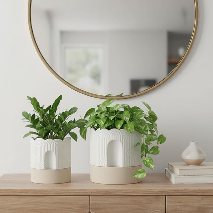 Nihow Self Watering Plant Pot for Indoor Plants : 6 Inch & 8 Inch Ceramic Planter with Drainage Hole & Water Storage - Relief Design Beige & Nature Flower Pot -Set of 2 Nihow