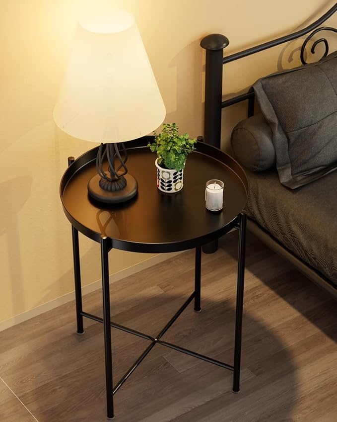 EKNITEY Small Side End Table - Metal Side Table Waterproof Small Sofa Coffee Side Tables Bedroom Indoor Outdoor with Removable Tray for Living Room Bedroom Balcony and Office EKNITEY