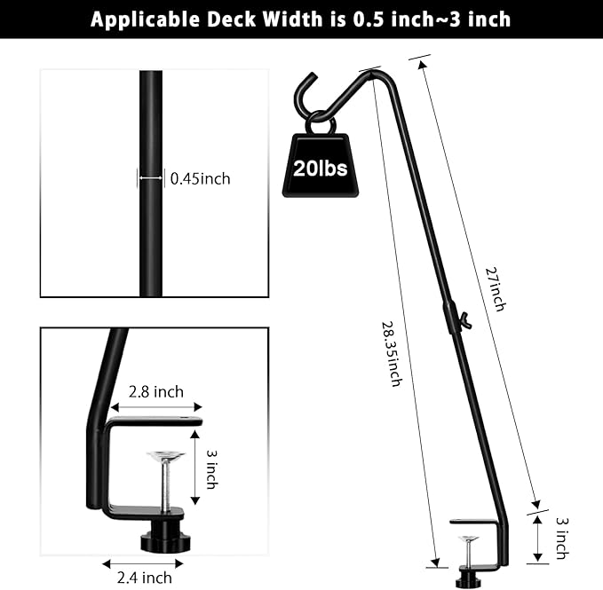 FEED GARDEN 2 Pack 29 Inch Adjustable Deck Hook,Solid Steel Deck Hangers for Bird Feeders,Lanterns, Flower Basket and Suet Baskets with Clamp,Black FEEDGARDEN