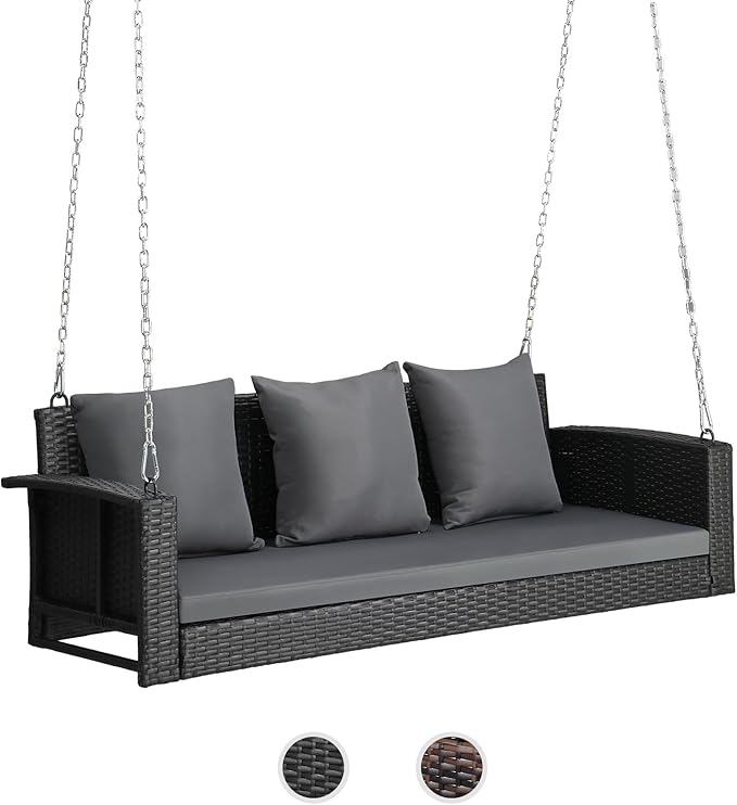 VINGLI Heavy Duty 800 LBS Wicker Hanging Porch Swing with Cushions & Chains, 5FT Outdoor Rattan Swing Bench for Garden, Yard, Lawn (Black) VINGLI