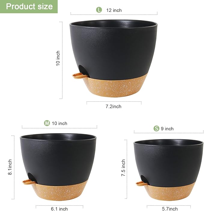 12/10/9 inch Large Self Watering Pots, Planter, Plant Pots with Mesh Drainage Holes for Indoor Outdoor Garden Plants, Plastic Flower Pots with Removable Deep Reservoir, Black with Brown WSMKSZ