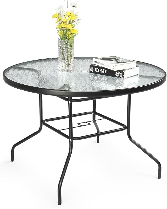 VINGLI Round Patio Table with Umbrella Hole, 40" Outdoor Dining Table Steel Tempered Glass Patio Tables Round Outdoor Tables for Balcony Garden Deck VINGLI