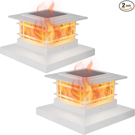 Dynaming 2 Pack Solar Post Cap Lights Outdoor with Flickering Flame Light, White Shell Fence Post Solar Lights Fit 4x4 5x5 Vinyl/Wooden Posts, Brightness LED Lighting Decor for Garden Deck Patio Dynaming