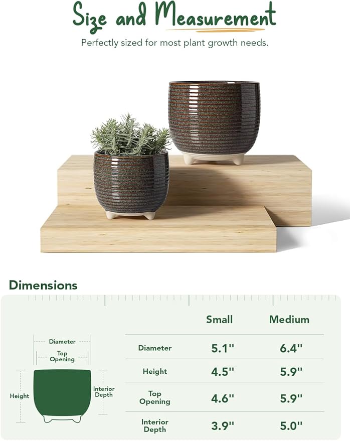 LE TAUCI Ceramic Plant Pots, 5.1 + 6.4 Inch Footed Pots for Plants, Modern Flower Pots for Home and Office, Indoor Planters with Drainage, Reactive Glaze Black LETAUCI