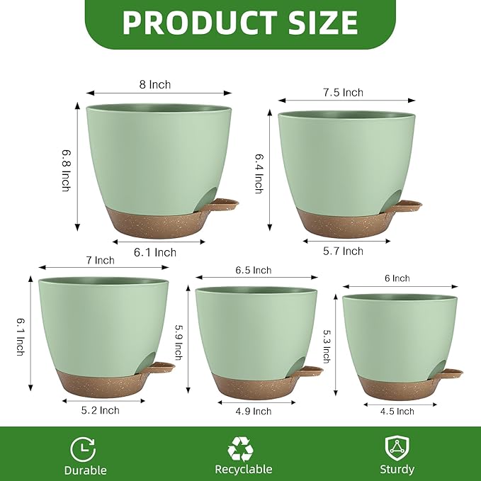 Plant Pots 8/7.5/7/6.5/6 Inch Self Watering Pots,5 Pack Planters with Drainage Holes and Saucers,Plastic Flower Pots,Nursery Planters for Indoor Outdoor Plants (Green) Rootora
