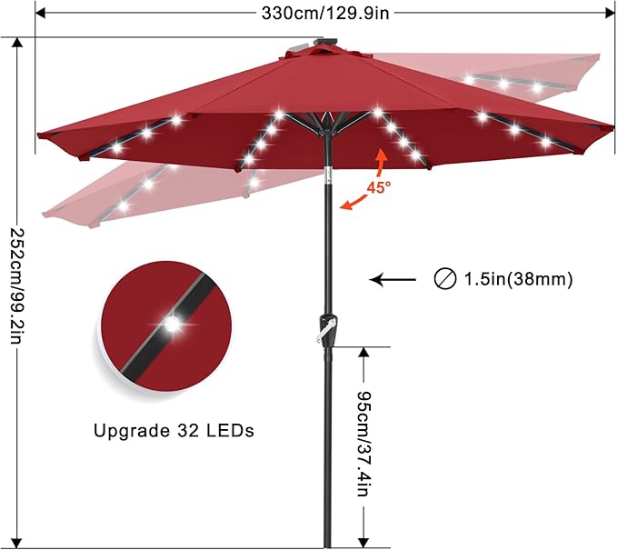 ABCCANOPY Durable Solar Led Patio Umbrellas with 32LED Lights 11FT (Wine Red) ABCCANOPY