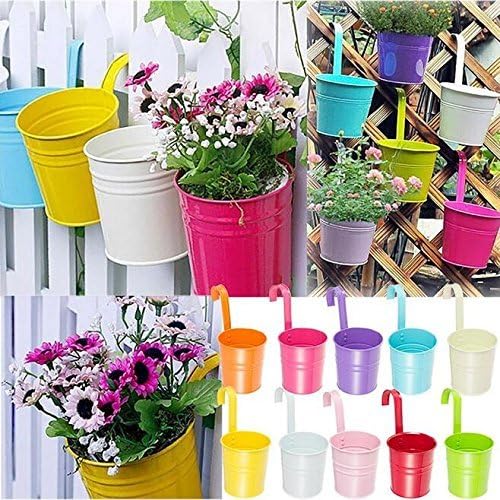 KINGLAKE Flower Pots,10 Pcs Metal Iron Hanging Flower Plant Pots Balcony Garden Plant Planter Baskets Fence Bucket Pot 4'' Flower Holders with Detachable Hook KINGLAKE