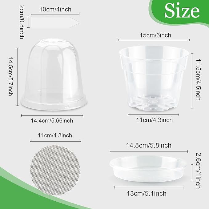 BTPLASTIK 6 Inch Clear Nursery Pots with Humidity Domes 15 Pack, Transparent Plastic Plant Pot with Drainage Holes and Saucers, Seed Starter Pots with 15 Pcs Plant Labels and 15 Pcs Soil Screens BTPLASTIK