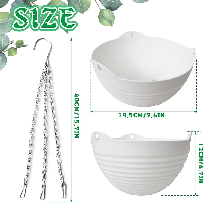 4 Pack 8 inch Plastic Self Watering Hanging Planters,Round Hanging Basket Planter with Drainer and Metal Chain,White Garden Flower Plant Pot Container for Indoor Outdoor Plants Srmayyi