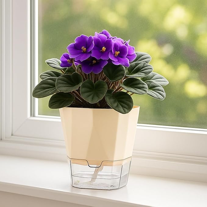 2 Pack Self Watering Pots for Indoor Plants, 8.4" Self Watering Planters Large African Violet Self Watering Clear Pots for Plants Large Herb Orchid Flower Houseplant, Ivory White Planterhoma
