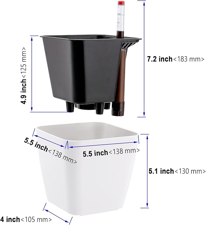 5.5 Inch Self Watering Plastic Planter With Indicator - 6 PCS Square Plant Pots, Decorative Lazy Flower Pot for House Plants, Herbs, Aloe, Succulents KOHAND
