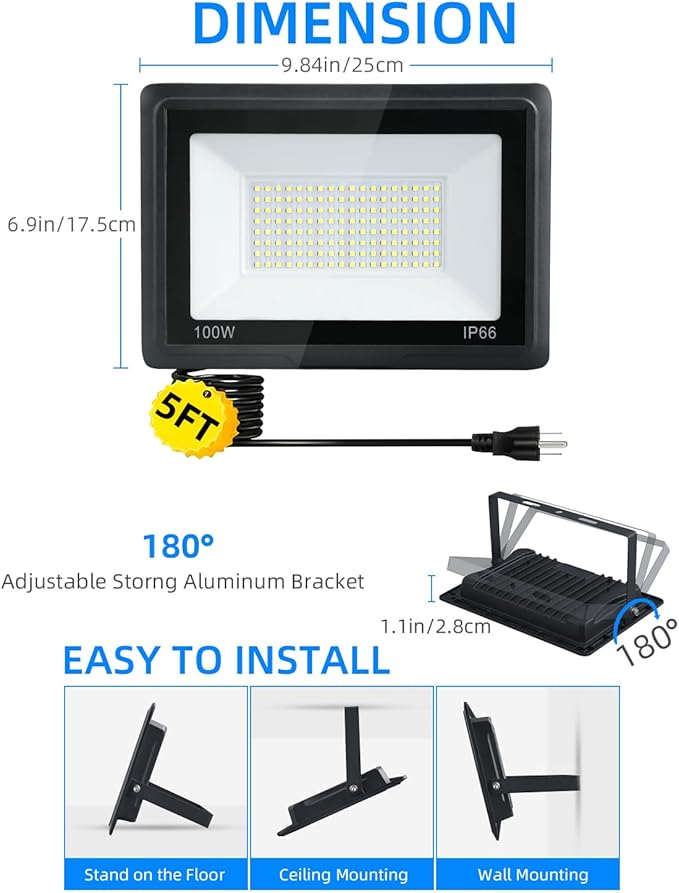 200W LED Flood Lights Outdoor, 2pack 20000lm Bright Led Work Light with Plug, 6500k Daylight White Outdoor LED Lights, IP66 Waterproof Patio Lighting GANGZHIZI