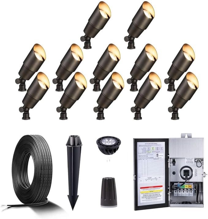 Gardenreet Solid Brass 12V LED Landscape Lighting Kit (12-Pack Spotlights) with 300W Low Voltage Transformer and Mechanical Timer and 250FT Wire and 50Pack Connectors for Outdoor Garden Patio Gardenreet