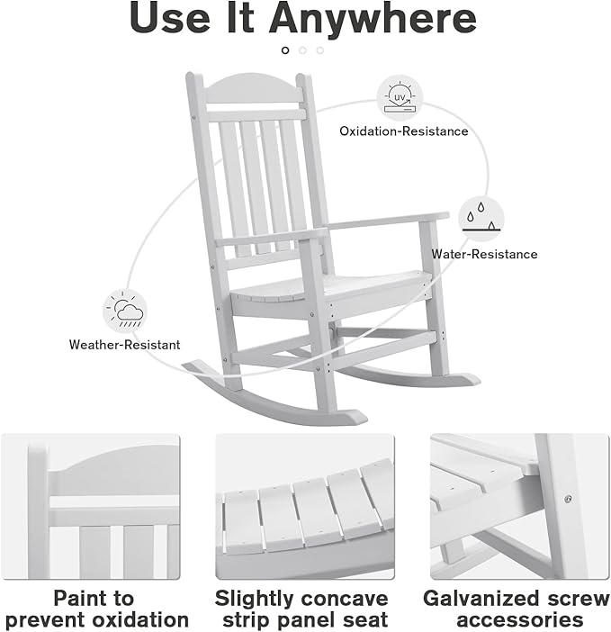 Devoko HDPE Rocking Chair Plastic Outdoor Indoor Patio Rocker Chair High Back All Weather Rocker for Patio Backyard Porch Garden (White) DEVOKO
