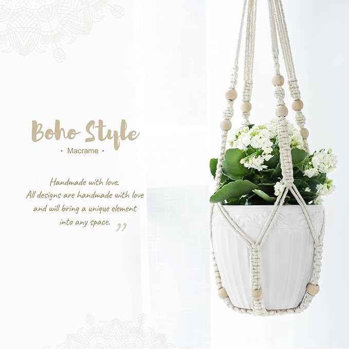Mkono Macrame Plant Hanger Indoor Hanging Planter Basket with Wood Beads Decorative Flower Pot Holder No Tassels for Indoor Outdoor Boho Home Decor 35 Inch, Ivory, Set of 1 (POTS NOT Included) Mkono