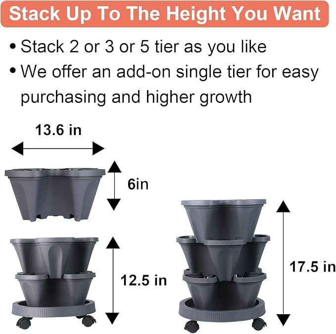 DUNCHATY Stackable Planter, Vertical Garden Planter with Wheels and Tools, Self Watering Strawberry Planter Indoor/Outdoor 3 Tier Herb Planter Pots for Growing Vegetables and Succulents, Dark Gray DUNCHATY