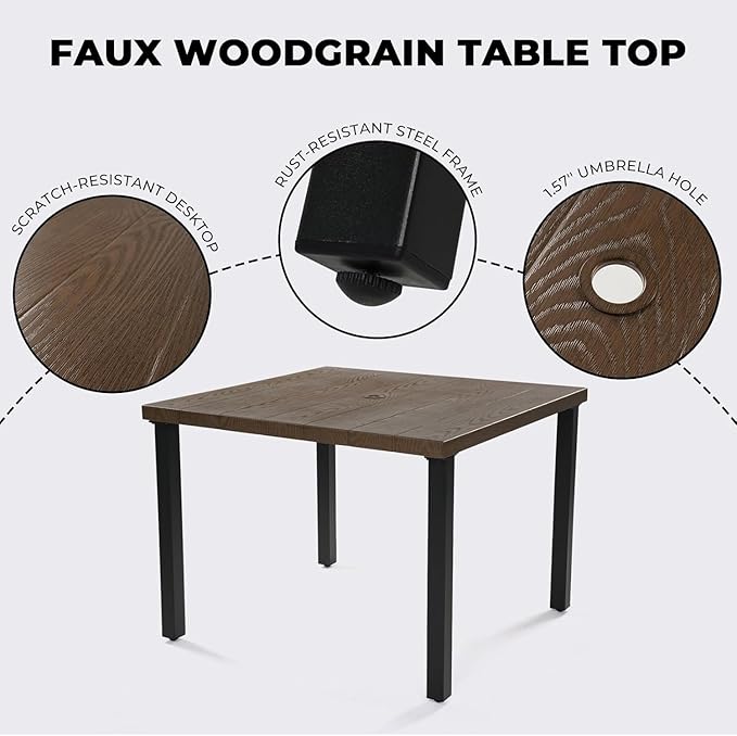 Grand patio 5-Piece Outdoor Dining Set for 4, Metal Woven Wicker Fixed Patio Chairs with Thickened Cushions & 1 Square Woodgrain Dining Table with Umbrella Hole for Backyard Deck (Black) GrandPatio