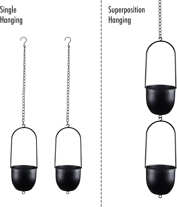 Stackable Metal Hanging Planters, Set of 2 Black Oval Plant Hangers with 6 inch Flower Pots, Modern Wall and Ceiling Plant Holders for Indoor Outdoor Plants Home Décor HemePaha