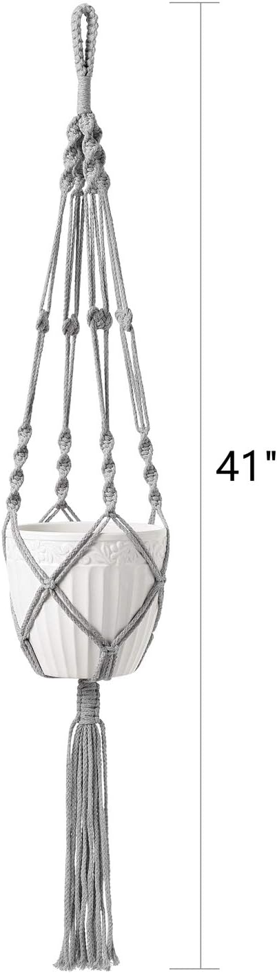Mkono Macrame Plant Hangers Indoor Outdoor Hanging Planter Basket Cotton Rope 4 Legs 41 Inch, 2 Pack, Grey Mkono