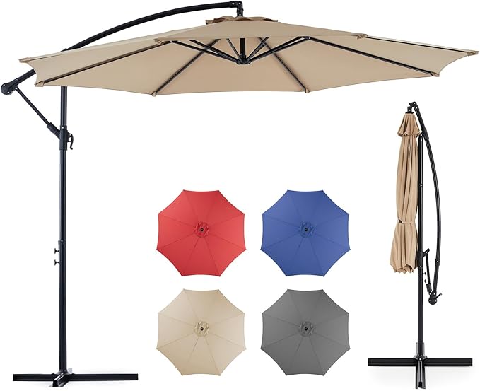 OLIXIS Offset Patio Umbrella, 9.7FT Cantilever Table Umbrellas for Outdoor Sun Shade UV Protection with Easy Tilt Adjustment, 8 Ribs for Backyard, Lawn, Garden, Pool - Khaki OLIXIS