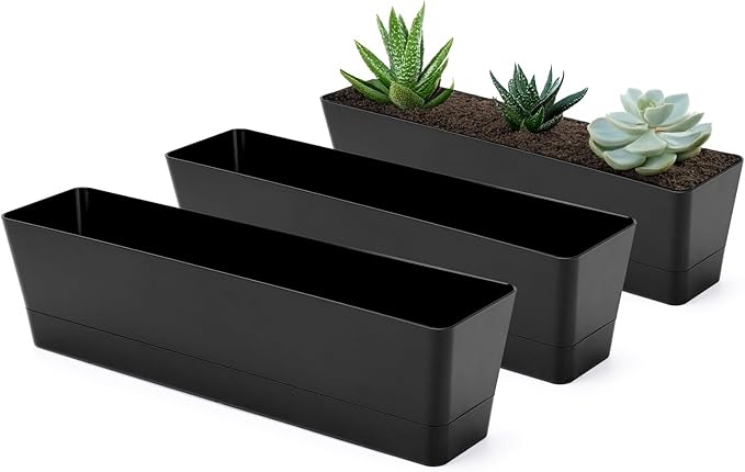 GREANER 3PCS 16x3.8 Inch Window Boxes Planters, Black Rectangle Planters Box with Drainage Holes and Trays, Herb Succulents Flowers Plastic Pot for Windowsill, Garden, Balcony, Indoor, Outdoor Decor GREANER