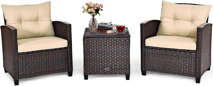 Tangkula 3 Pieces Patio Furniture Set, PE Rattan Wicker 3 Pcs Outdoor Sofa Set w/Washable Cushion and Tempered Glass Tabletop, Conversation Furniture for Garden Poolside Balcony (Beige) TANGKULA