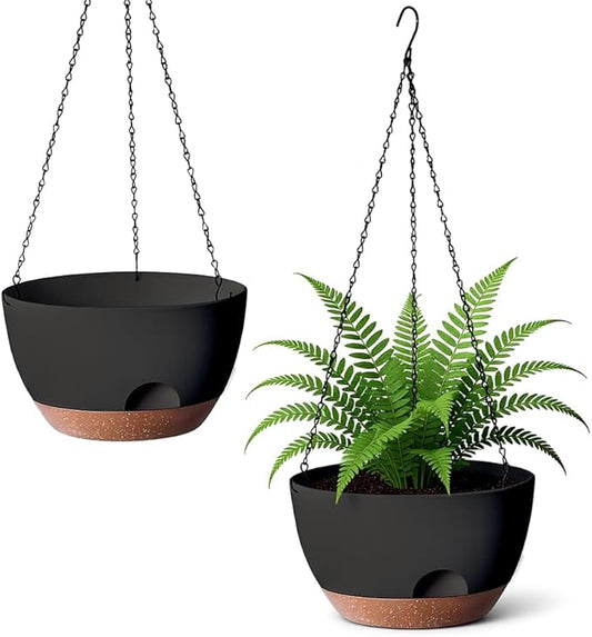 Hanging Planter for Indoor Plants, 10 Inch Self-Watering Hanging Planters with Drainage Holes and Chain, Set of 2 Outdoor Hanging Pots for Garden Home LesOasis