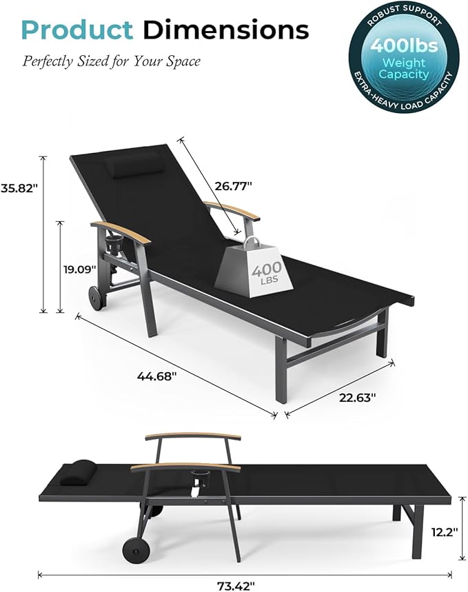 Ciokea Outdoor Lounge Chair with Pillow Set of 4, 5-Position Chaise Lounge with Wheels & Armrests, 400 lbs Heavy Duty Aluminum Pool Lounge Chairs, for Beach, Deck, Poolside & Backyard, Black CIOKEA