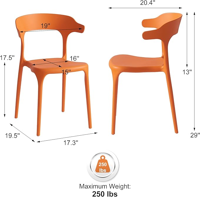 Modern Stackable Dining Chair Set, No Assembly, Plastic Chair, Patio Chair, Suitable for Indoor and Outdoor Cafes and Restaurants, Set of 4 (Orange) XDECO