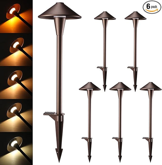 LEONLITE Update 5CCT Low Voltage Pathway Lights, LED Landscape Path Lights, 1800/2700/3000/4000/5000K, Flat Cone Head, 12-24V AC/DC, IP65 Outdoor Walkway Light, Oil Rubbed Bronze Aluminum, Pack of 6 LEONLITE