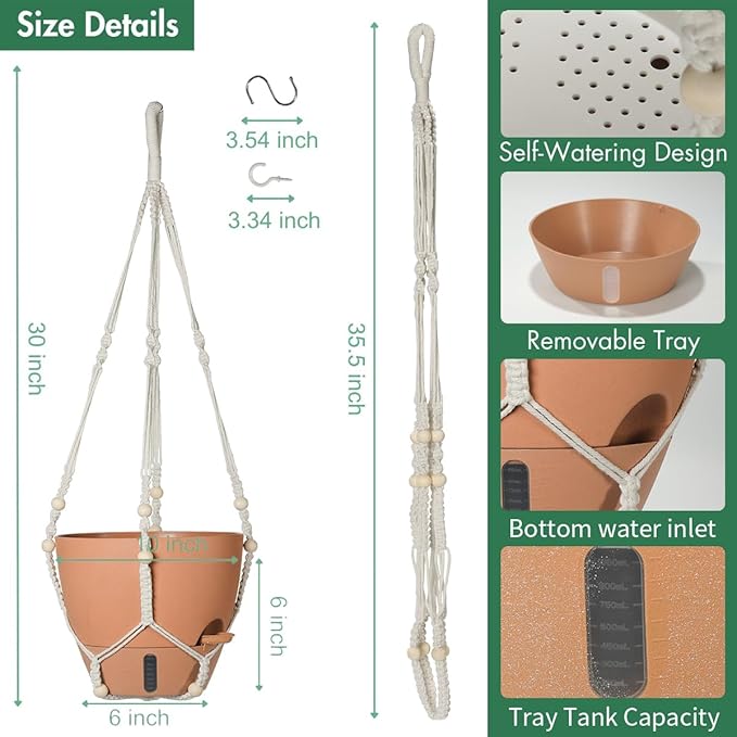Self-Watering Hanging Planters for Indoor Plants Set 2-Piece Includes Plant Hanging Pot, Drainage-Hole Hanging Pot, and Hanging Basket Rack (Terracotta,10 Inches) Rootora