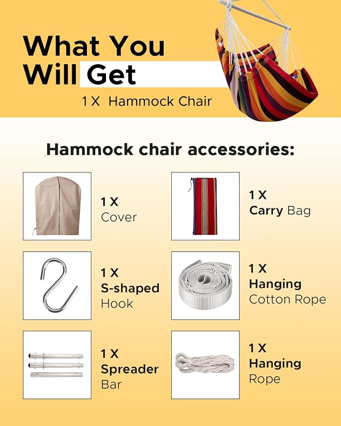 Miztli Hammock Chair with Hanging Chair Cover – Max 500 Lbs, Steel Spreader Bar with Anti-Slip Rings, Comfortable Indoor & Outdoor Hanging Chair – Includes Protective Waterproof Cover (57x45.5 in) MIZTLI