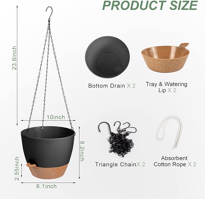 Hanging Planters for Indoor Outdoor Plants, 2 Pack Self Watering Hanging Pot with Drainage Holes & Removable Tray (Black, 10'') Vanslogreen