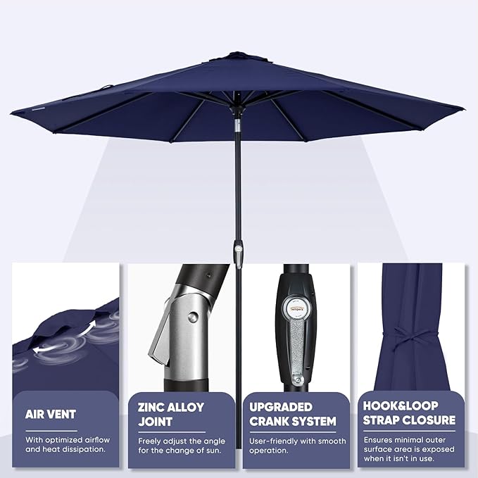 Tempera Patio Market Outdoor Table Umbrella with Auto Tilt and Crank, Large Sun Umbrella with Sturdy Pole & Fade Resistant Canopy, Easy to Set TemperaPatioLife