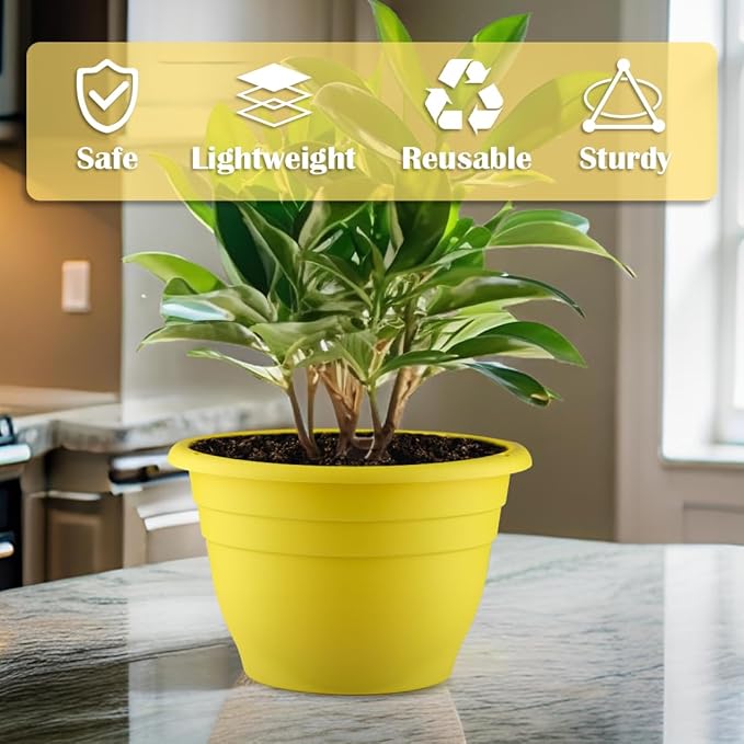 11 Inch Plant Pots Set of 3,Plastic Planters with Drainage Holes & Removable Plugs,Indoor Outdoor Flower Pots for Plants,Herbs, Succulents,Durable Lightweight(Yellow) RooTrimmer