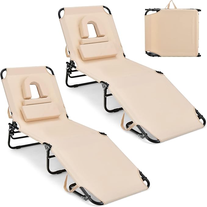 GYMAX Tanning Chair, 350lbs Beach Lounge Chair with Face Hole, Washable Pillow & Carry Strap, Adjustable Folding Chaise Lounge, Layout Lounger for Outside, Patio, Poolside, Lawn (2, Beige) GYMAX