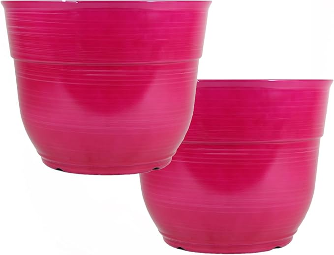Garden Elements Indoor/Outdoor Glazed Brushed Happy Plastic Planter, Large, Bright Pink, 15" (Pack of 2) GardenElements