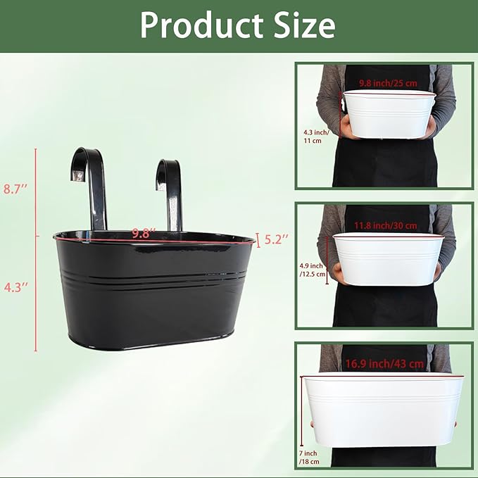 8 Pack Metal Hanging Planter for Outdoor Plants, 10 Inch Black Fence Planters Railing Pots for Garden Patio Balcony Decor, Flower Bucket with Detachable Hooks (Black, 8Pcs) JOYFERNAL