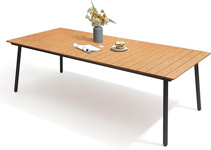 95" Patio Outdoor Dining Table for 8-10, Weather-Resistant Wood-Grain Top with Aluminum Frame & Umbrella Hole for Deck Gatherings, Brown VredHom