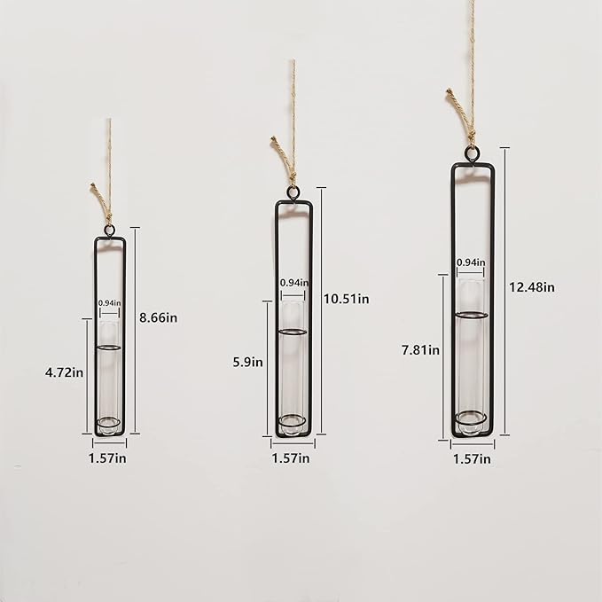 3 Pieces Hanging Glass Hydroponic Planter Transparent Test Tube Plant Vase Terrarium Container for Indoor Outdoor Modern Home Decoration (Black) AQRICHFOX