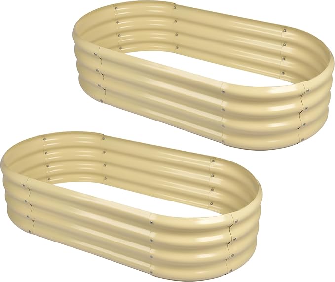 Land Guard 2Pcs Galvanized Raised Garden Bed Kit, 7.5×3×1ft Galvanized Planter Raised Garden Boxes Outdoor, Oval Large Metal Raised Garden Beds for Vegetables (Cream Yellow) LandGuard