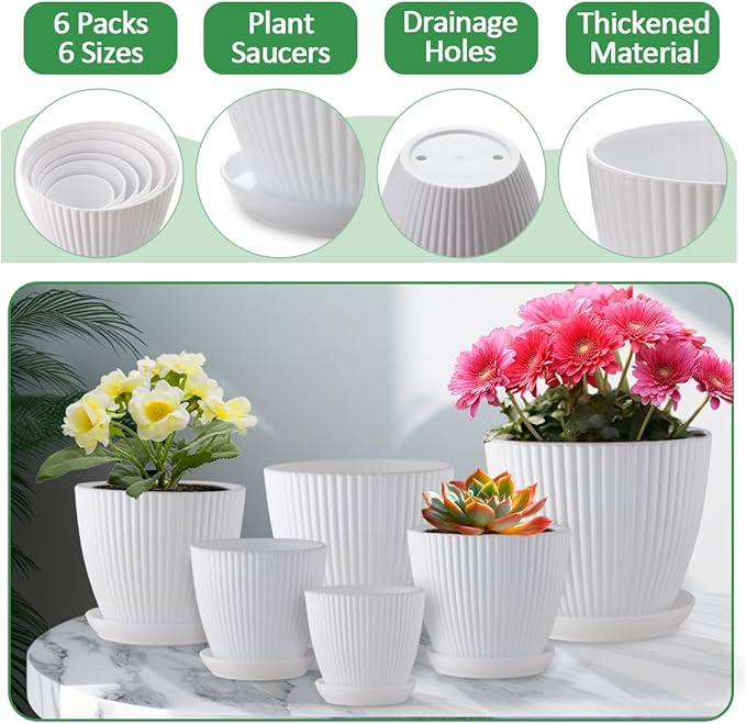 7.5/6.5/5.5/4.9/4.2/3.5 Inch Plant Pots with Drainage Holes and Saucer, Plastic Flower Pots for Indoor Plants, Lightweight Planter Pots for Plants, White RooTrimmer