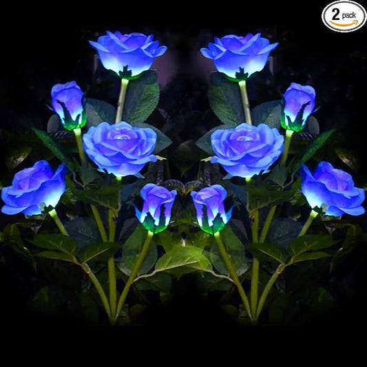 Outdoor Realistic Solar Powered Rose Flower Lights Stake,2 Pack 10 Rose Solar Garden Decorative Waterproof Lights for Backyard Patio Pathway Xmas Decoration-Blue GONIMY