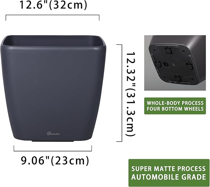 Dexceder 13x12 Self Watering Planter with Wheels Indoor Outdoor, Inner Mat Design, Thickened Large Floor Standing Flower Plant Pot with Water Level Indicator (Slate Gray Matte) Dexceder