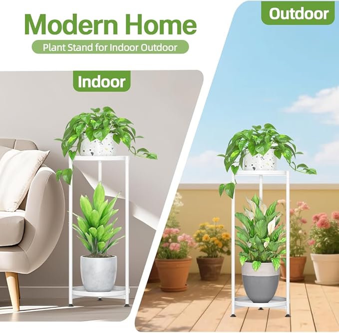 iDavosic.ly 2 Tier Corner Plant Stand Indoor, Tall Vertical Metal Flower Heavy Duty Pot Holder Shelf Outdoor for Patio Porch Living Room, White - Round iDavosicly