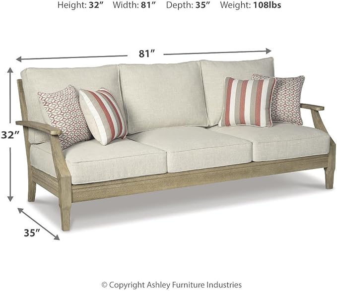 Signature Design by Ashley Clare View Outdoor Patio Sofa, 4 Throw Pillows, Nuvella Weather Resistant Fabric, Eucalyptus Wood, 81" W x 35" D x 32" H, Beige SignatureDesignbyAshley