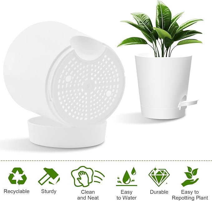 Self Watering Pots, 7/6.5/6/5.5/5/4 inch Flower Pots with Multi Mesh Drainage Holes, Small Platic Planters for Indoor Outdoor Garden Plants and Flowers (White, 7"+6.5"+6"+5.5"+5"+4") Rootora