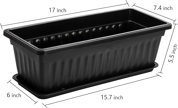 Fasmov 7 Pack 17 Inches Flower Window Box Plastic Vegetable Planters with Trays Vegetables Growing Container Garden Flower Plant Pot with 7 Pcs Plant Labels for Balcony, Patio, Garden, Black Fasmov