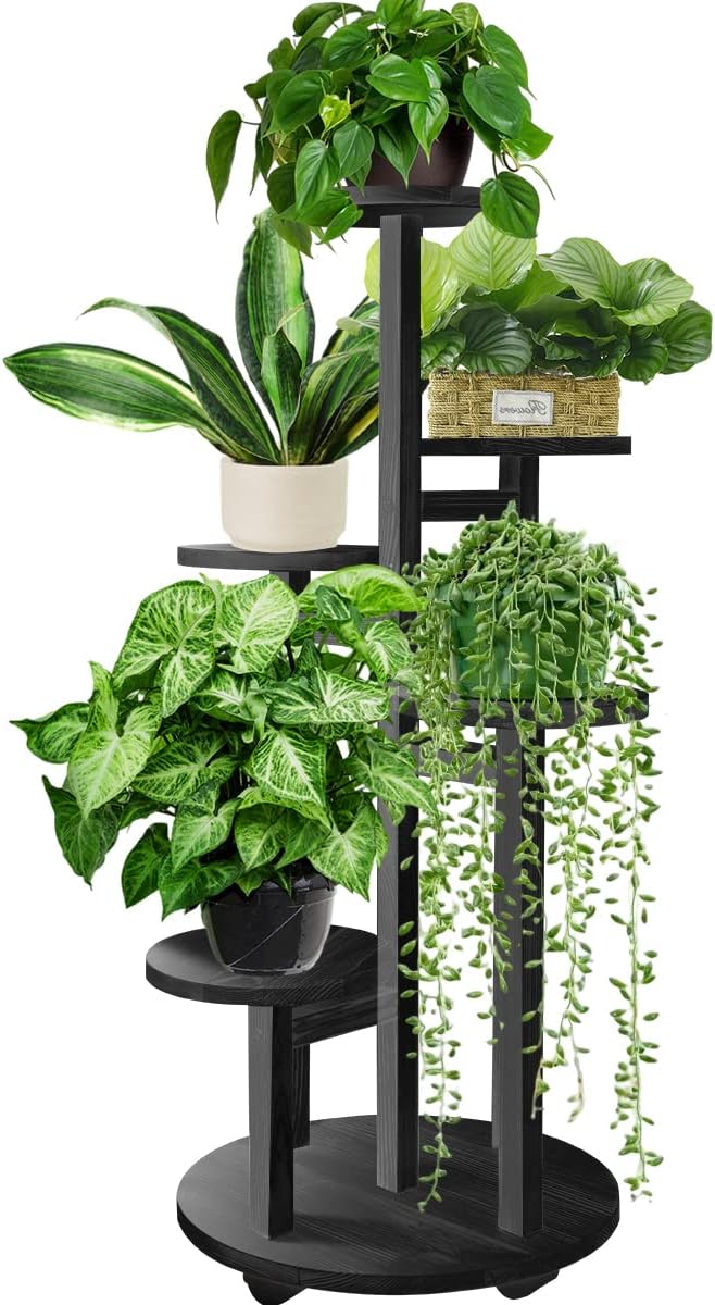 GEEBOBO 5 Tiered Tall Plant Stand for Indoor, Wood Plant Shelf Corner Display Rack, Multi-tier Planter Pot Holder Flower Stand for Living Room Balcony Garden Patio (Black) GEEBOBO